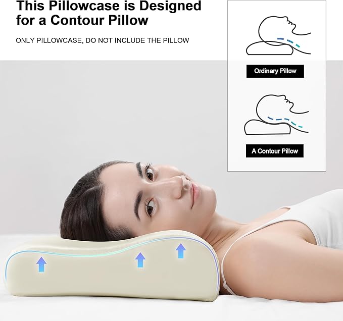 HOMBYS Satin Pillow Case for Contoured Support Pillow (DO NOT Include Pillow) -Zippered Pillow Cover for Neck Pillow for Cervical 1 Pack-Silky, Smooth and Breathable, Queen Size