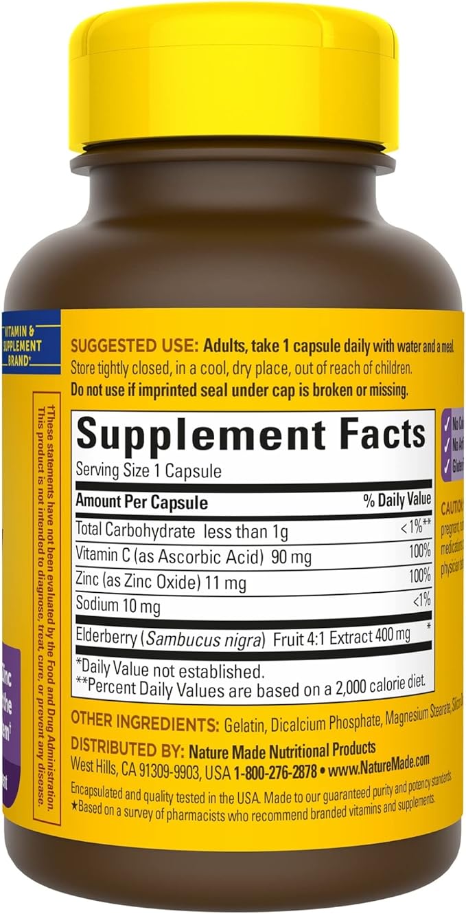 Nature Made Elderberry 400 mg Extract with Vitamin C and Zinc, Dietary Supplement for Immune Support, 60 Capsules, 60 Day Supply