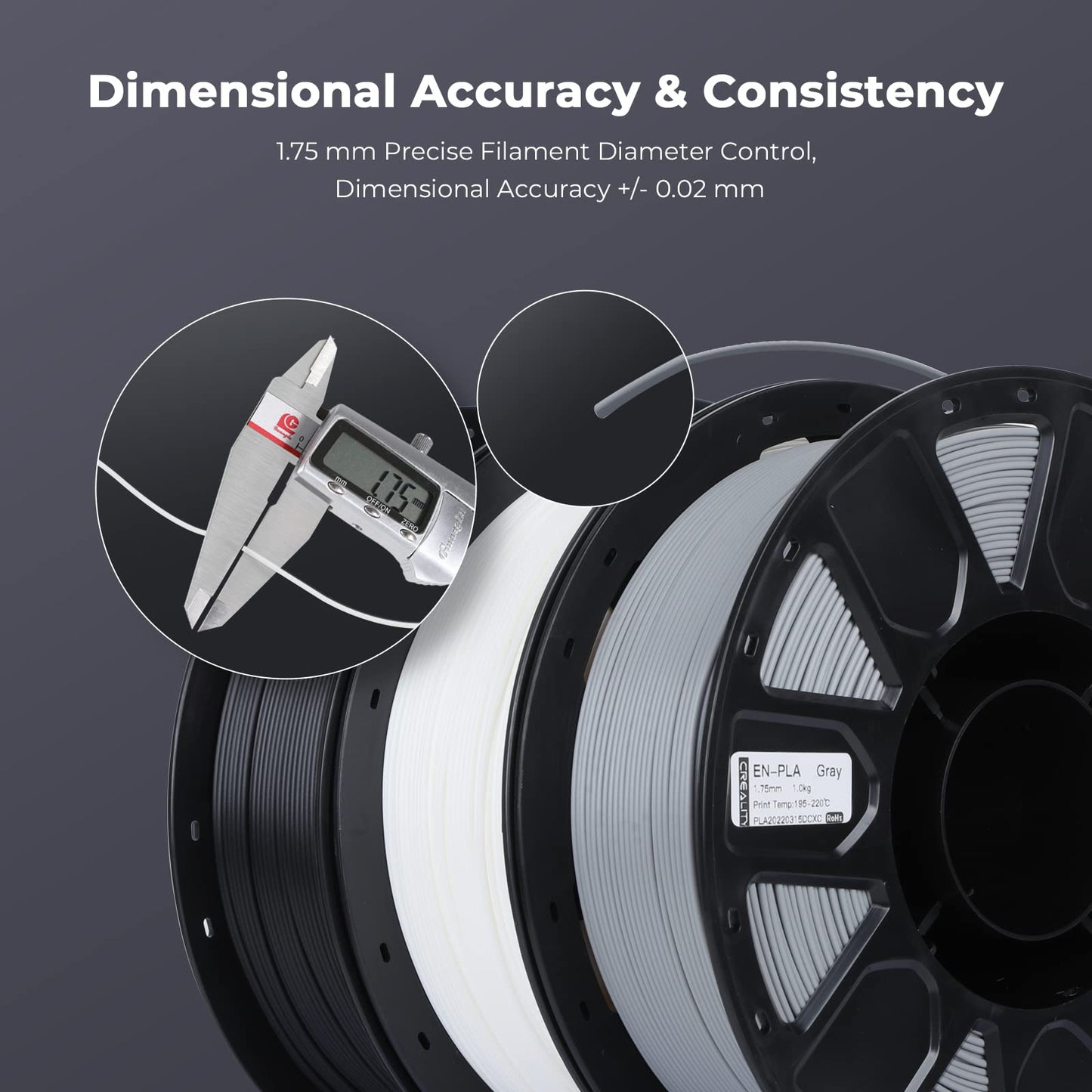 Creality 3D Printer Filament 1.75mm, Ender PLA Filament No-Tangling Smooth Printing Without Clogging No Warping, Fit Most FDM 3D Printers, 1kg Spool, Dimensional Accuracy +/- 0.02mm, Gray