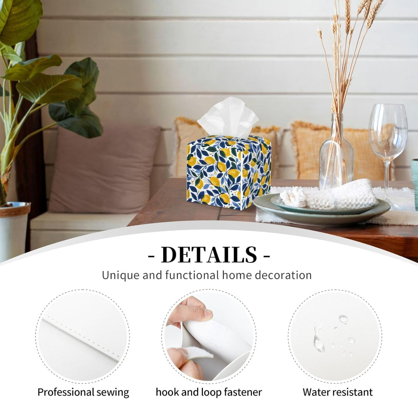 Tissue Box Cover Summer Lemon Leaves Square PU Leather Tissue Box Holder for Car Bathroom Bedroom Desk Tabletop Decor