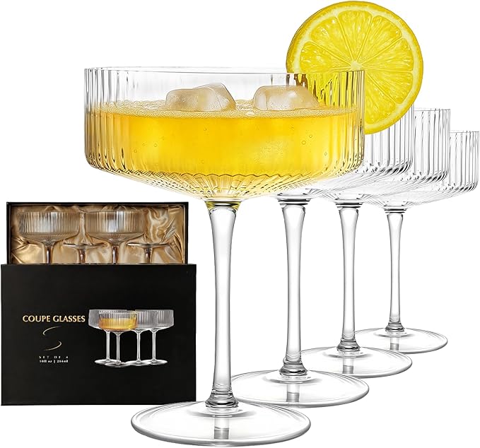 4 Pcs Coupe Glasses, Hand Blown 10 oz Cocktail Glasses, Ribbed Glasses, Gift Boxed Drinking Glass Set, Pefect Gift for Chr...