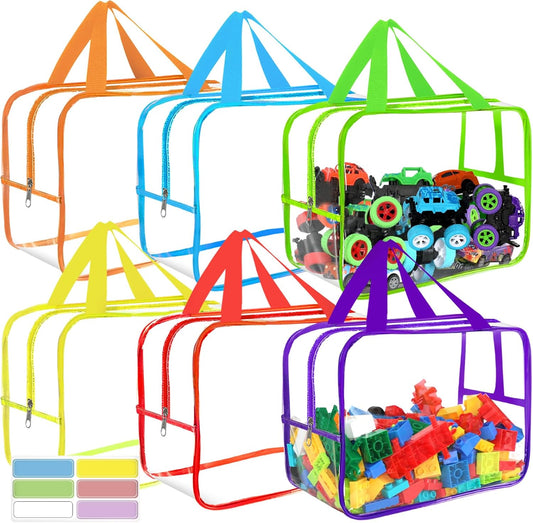 6 Colors Widen X-Large Storage Bags 12.6×9.25×6.9In with Labels, Reusable Clear PVC Board Game Storage, Travel Waterproof Organizer Bags with Zipper for Building Blocks, Puzzle, Stuffed Animals