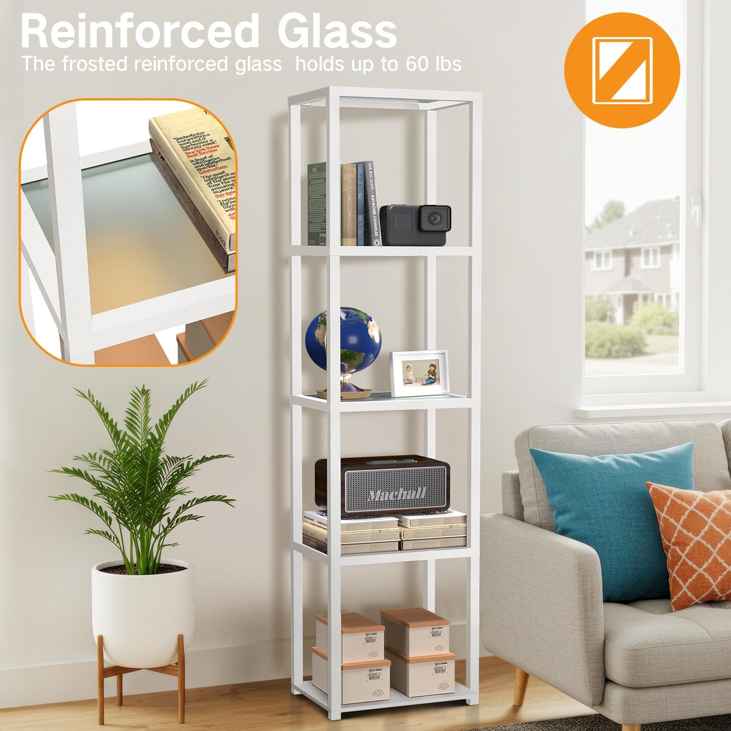 OUTON Glass Display Shelf with Dimmable LED Lamp, 5 Tier Bookshelf, White, Model ZSJ01