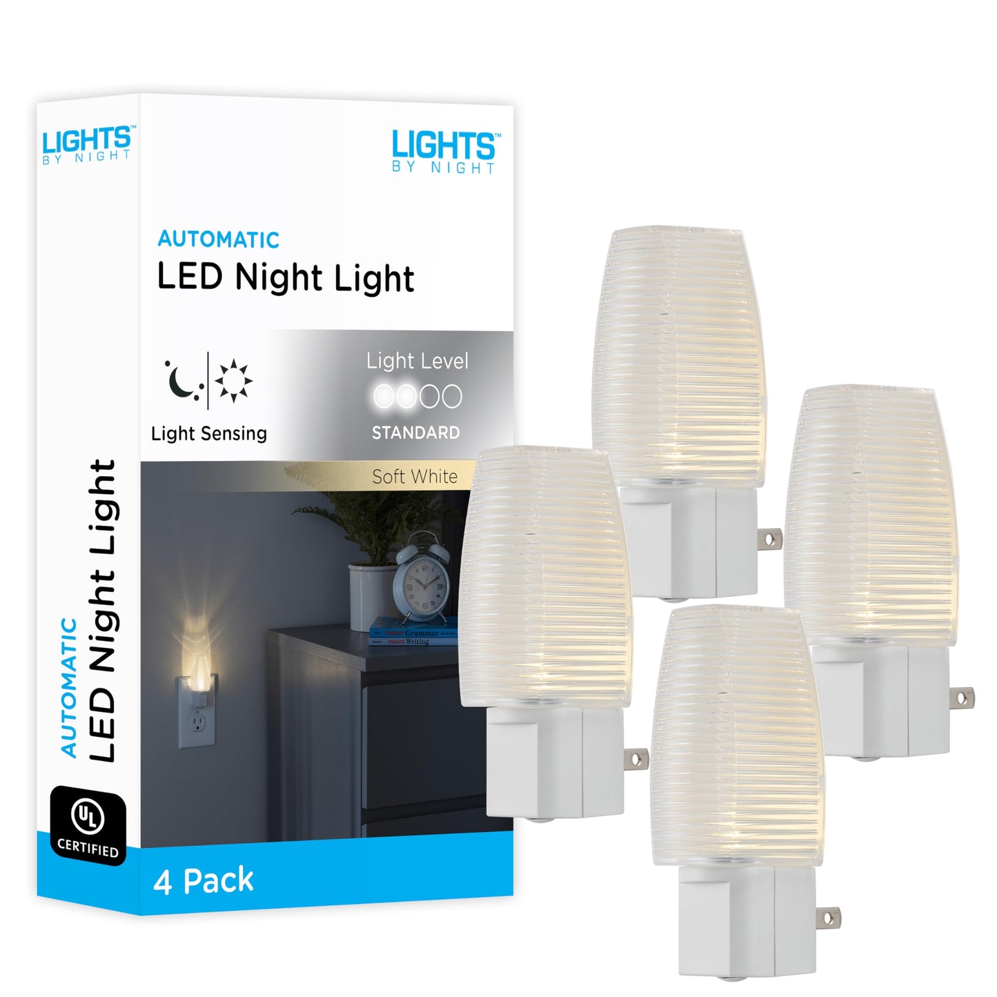 Lights By Night LED Night Light, Auto On/Off, Dusk to Dawn Sensor, Clear Shade, 4 Pack, Model 31924