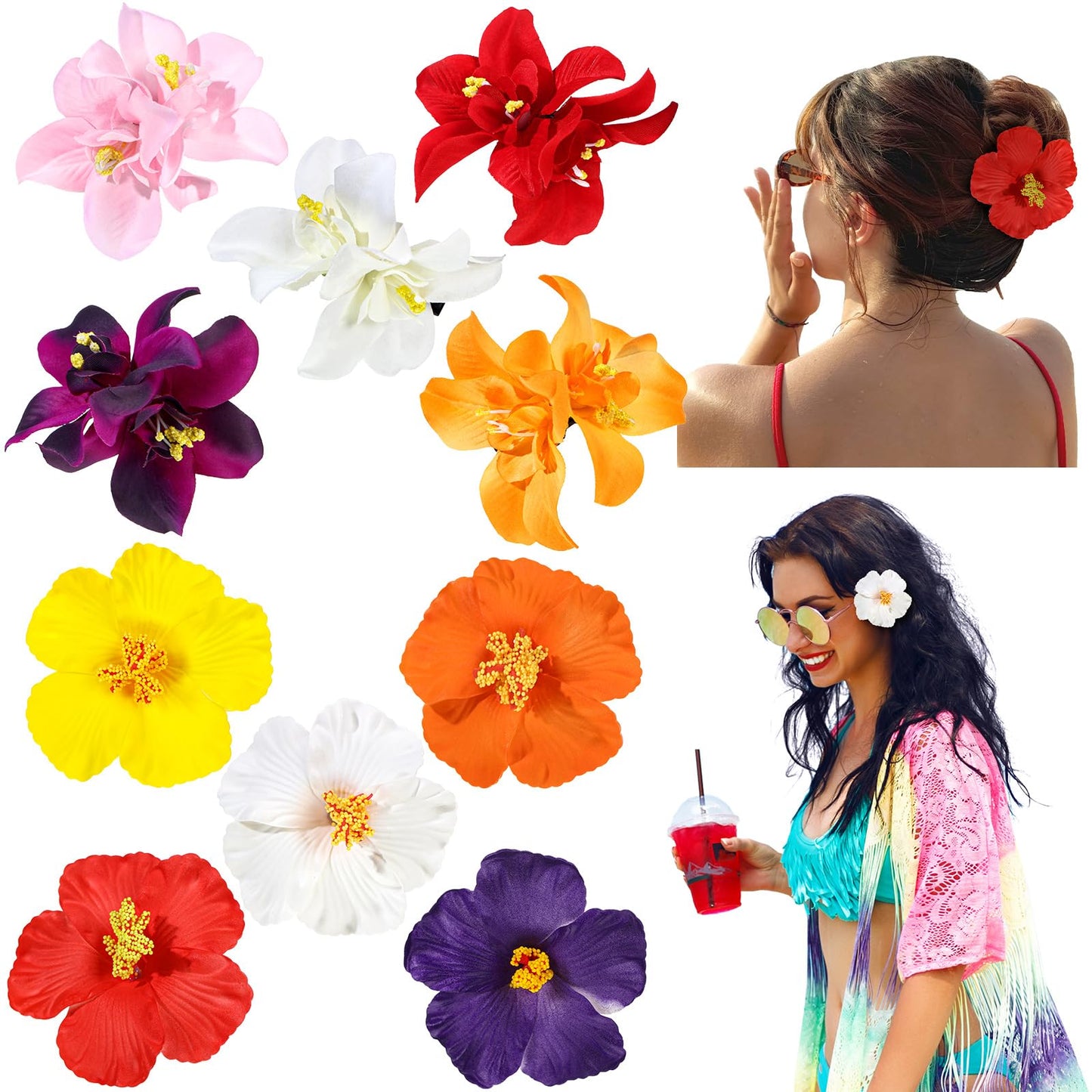 10 Pcs Hawaiian Flower Hair Clips for Women, Plumeria Hibiscus Hair Clips, Artificial Flower Clips 3.5 Inch Hair Accessories for