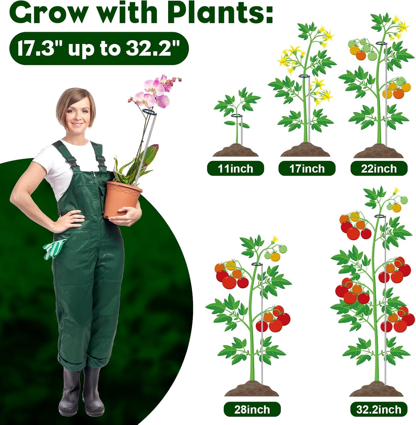 Extendable Monstera Plant Support Stakes, Made of Aluminum Alloy, Tomato Stakes Length Adjust from 17.3" to 32.2", Suitable for Indoor Outdoor Potted Amaryllis Vegetables Comes with 15 Ties-5Pack
