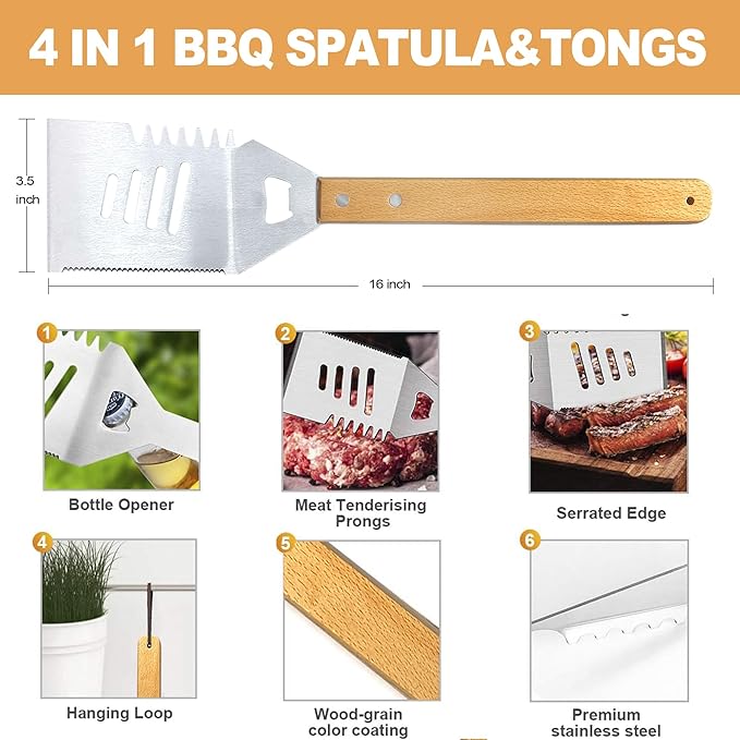 Grilling Accessories Anniversary Christmas Birthday Gifts for Dad, Heavy Duty Wooden BBQ Kit with Apron for Backyard, Thick Stainless Steel Grill Utensils with Non-Slip Handle Tools in Portable Bag