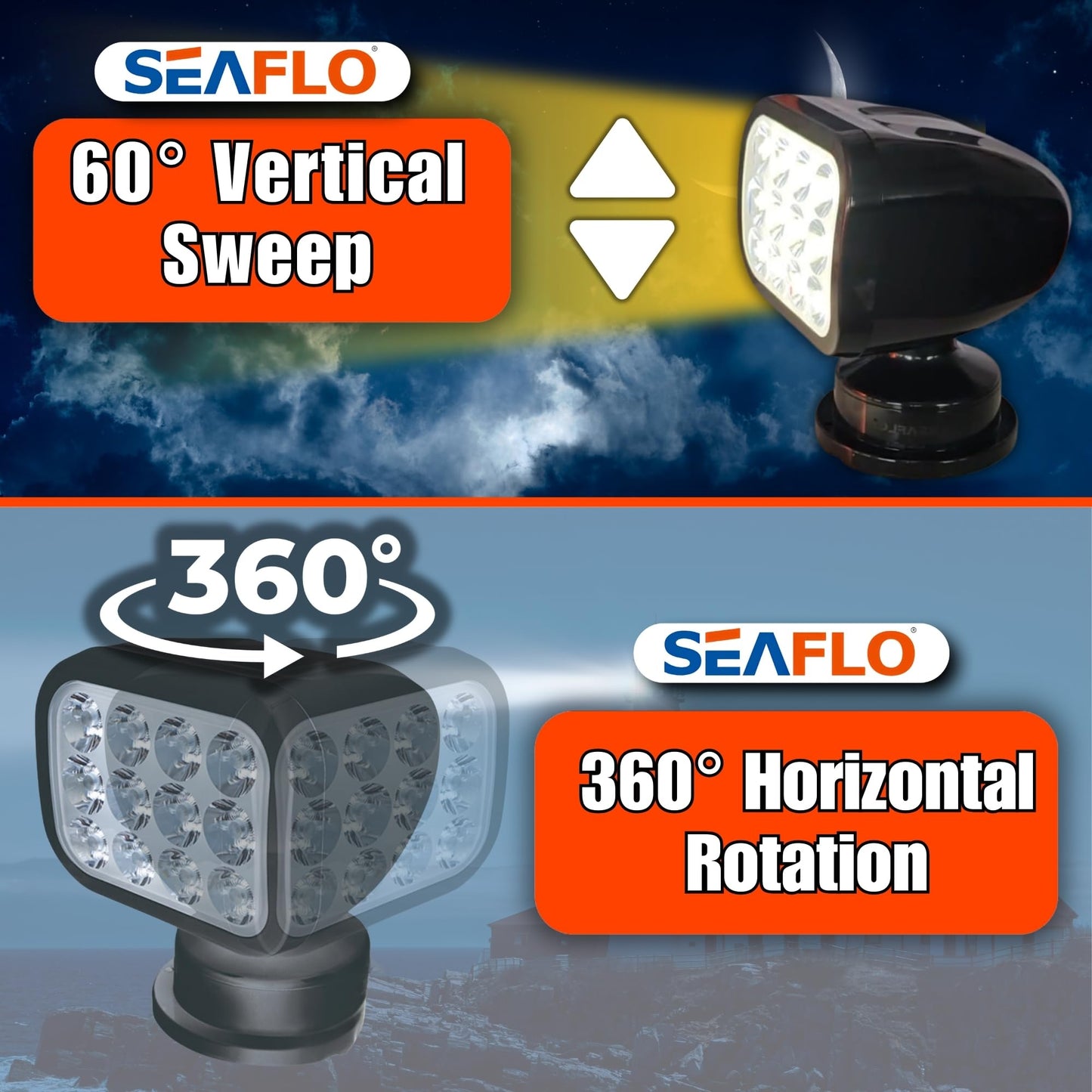 SEAFLO 360° Rotating LED Searchlight, IP66 Waterproof, 10-30V, Warm Light 2700K, Black, Model SFSL-2700Y-01B