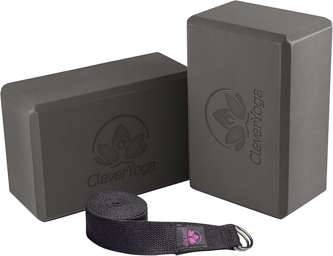 Clever Yoga Blocks & Strap - Lighweight Foam Yoga Blocks 2 Pack with 8ft Cotton Yoga Strap Set Kit for Beginners & Pros, A...
