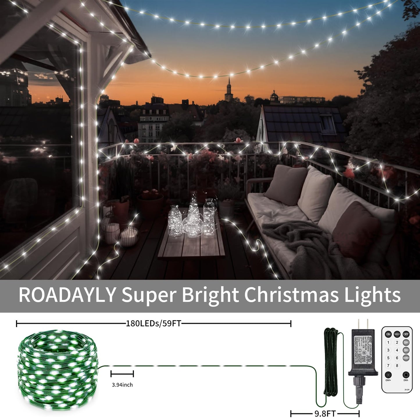 ROADAYLY LED String Lights, 180 LEDs, 59 FT, Cool White, Waterproof Green Wire, Remote Timer, 8 Modes for Outdoor Christmas Decorations