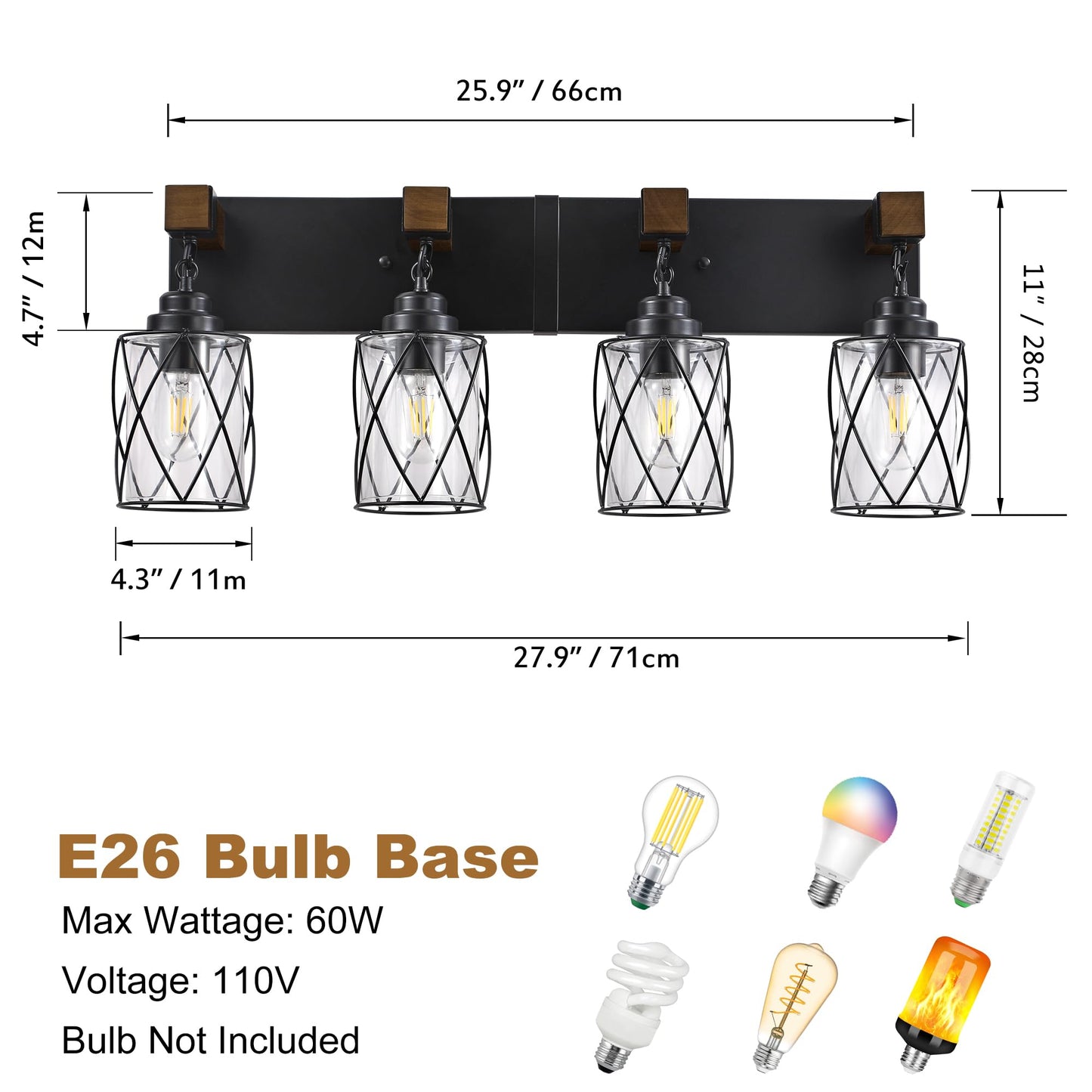 Farmhouse Bathroom Light Fixtures  4 Light Bathroom Vanity Light With Metal And Glass Lampshade  Wood Rustic Lighting Fixtures Over Mirror  Black Wall Sconces For Living Room  Bedroom
