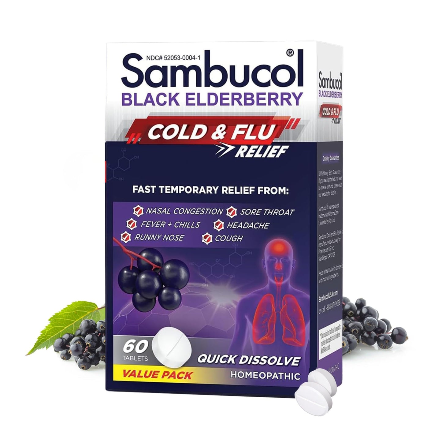 Sambucol Cold and Flu Relief Tablets - Homeopathic Cold Medicine, Cold Remedy for Adults, Black Elderberry for Colds, Zinc Cold Remedy - 60 Count