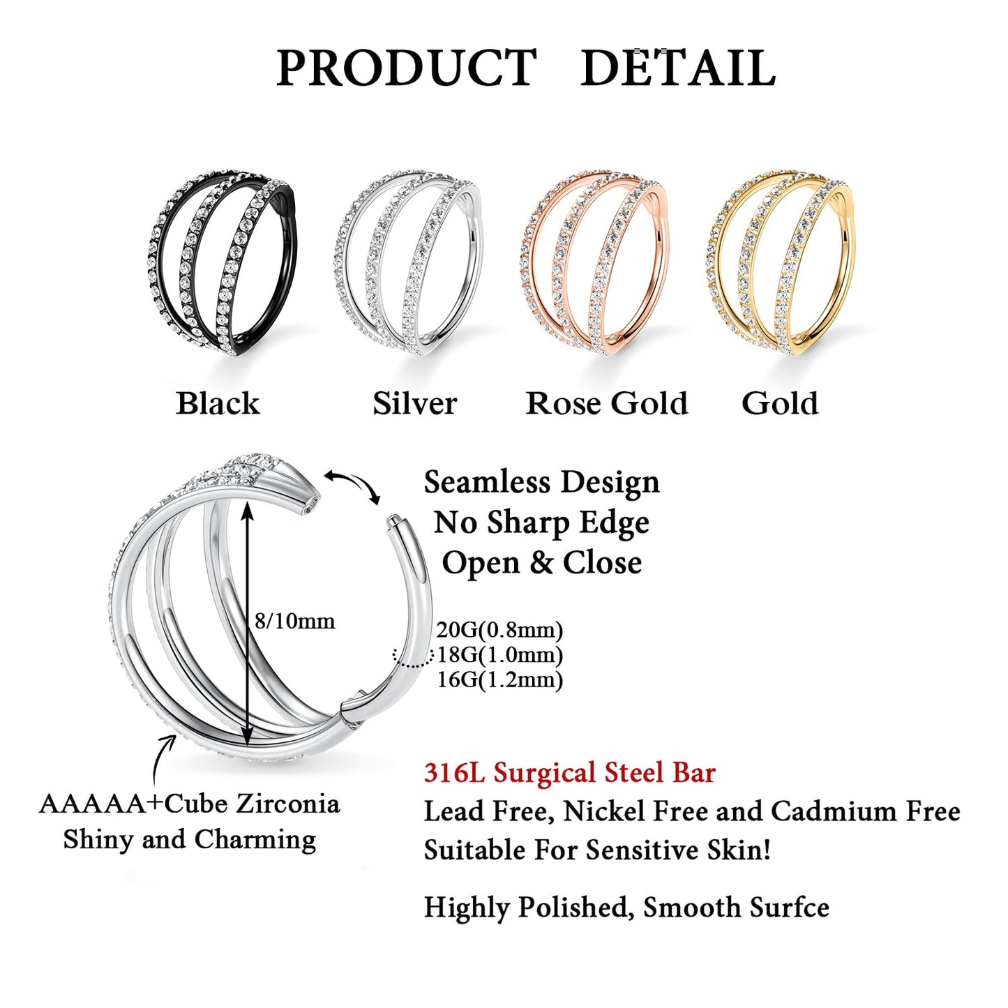 FUNLMO 16G Nose Septum Rings Nose Jewelry 10mm Cartilage Earring Hoop Conch Daith Rook Helix Septum Piercing Jewelry Daith Lobe