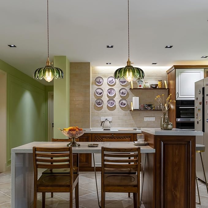 Plug in Hanging Light Fixture, Kitchen Pendant Lighting Glass Pendant Light, Green Pendant Lights for Kitchen Island, Bedroom, Dining Room, Living Room, E26 No Bulb