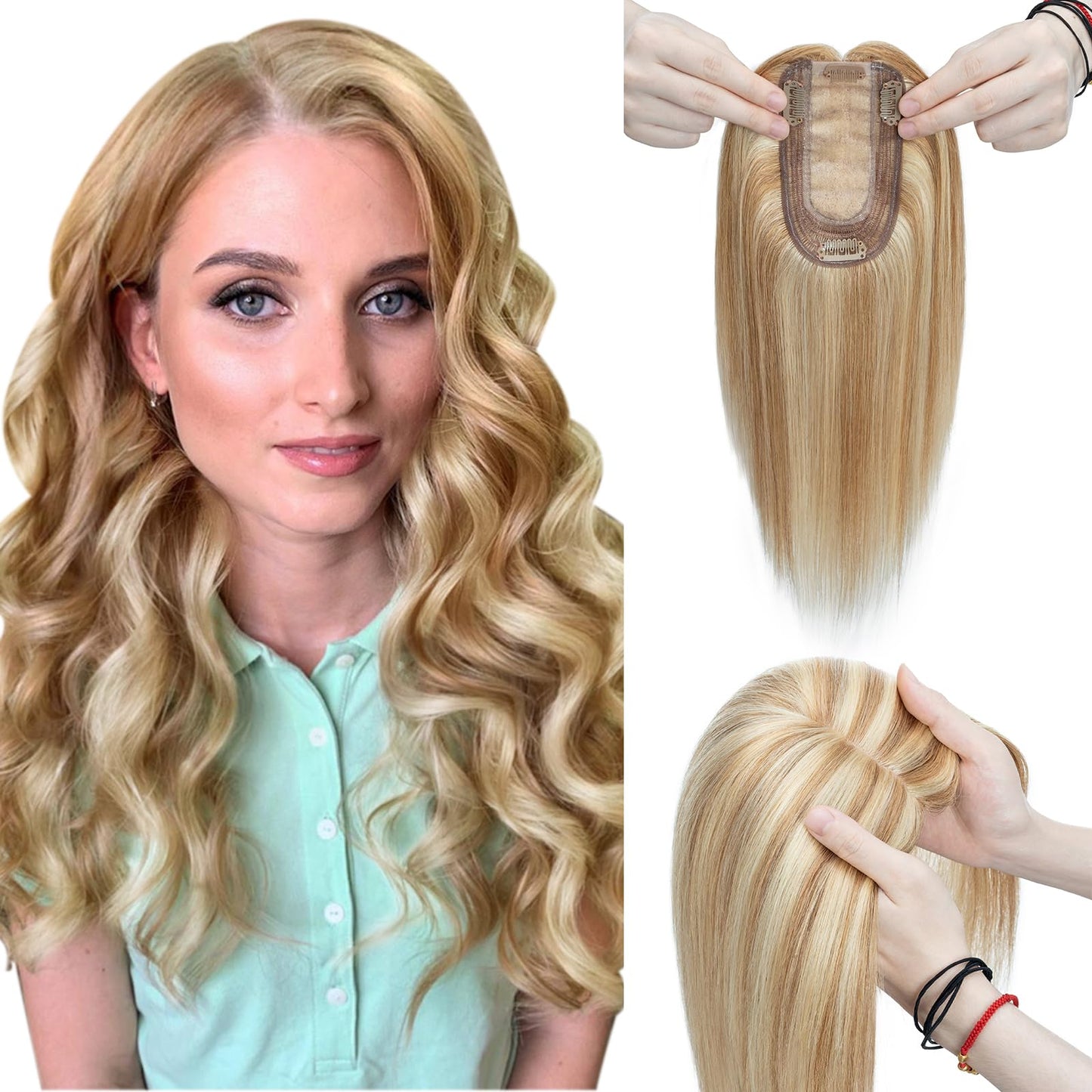 Elailite Hair Toppers for Women Real Human Hair Topper Thinning Thin 5.1x2.8 Silk Base Clip in Remy Hairpieces 8 Inch Golden Bro