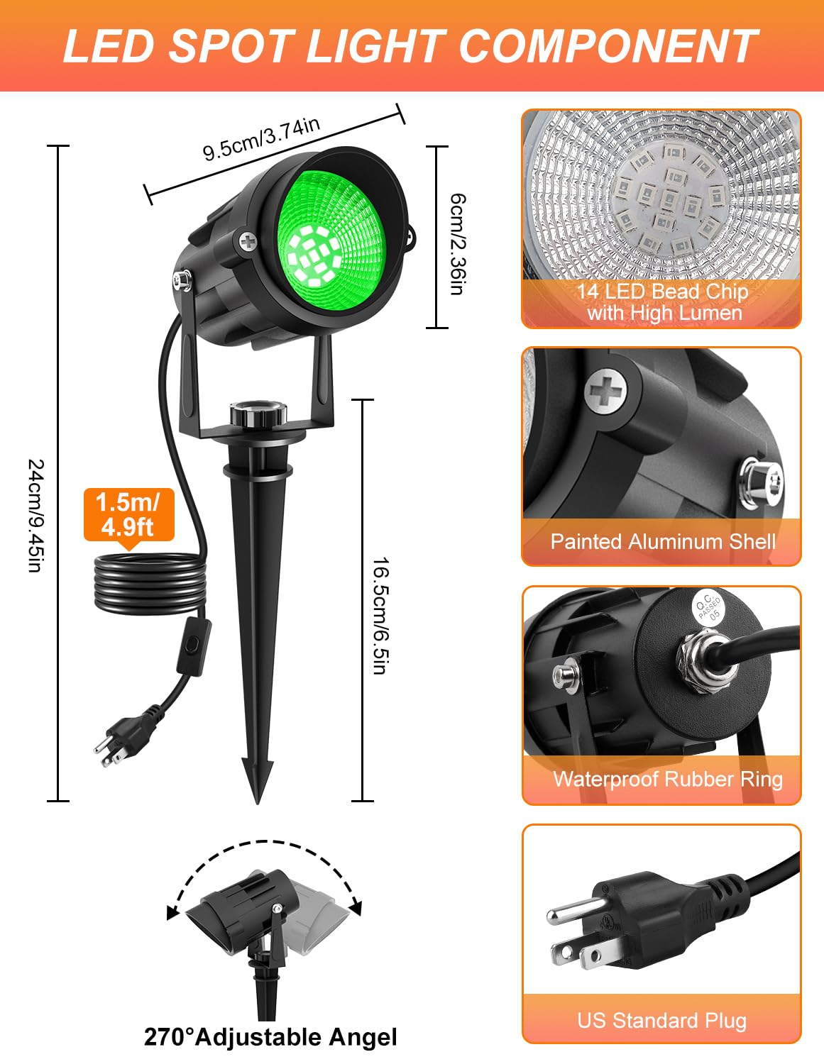 Crepow Christmas Green Landscape Lights Outdoor  14 Led Landscape Lighting With Us Plug  Ip65 Waterproof Spotlights For Tree Yard Garden Pathway St. Patrick S Day Halloween Decor 4 Pack