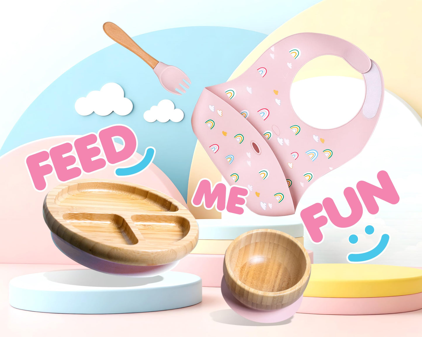 Bamboo Baby Feeding Set for Infants & Toddlers - Baby Essentials, Non-Toxic, Sustainable, Bamboo Suction Plate & Bowl, Bib, Sippy Cup w/Lid & Straw, Daily Use, Travel, Baby Shower Gifts (Pink)