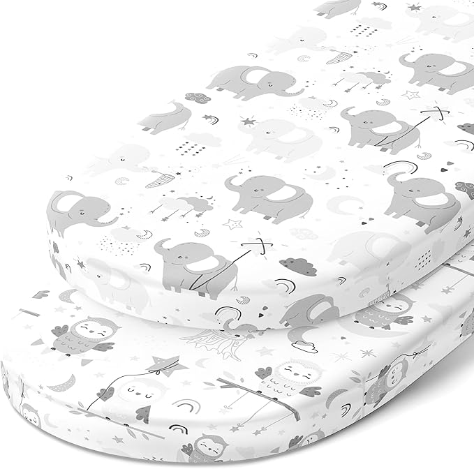 Bassinet Fitted Sheets for Munchkin Brica Fold n Go Travel Bassinet, Luckydove - Fits Any 18 x 30 Inch Oval Mattress – Snuggly Soft 100% Jersey Cotton – 2 Pack
