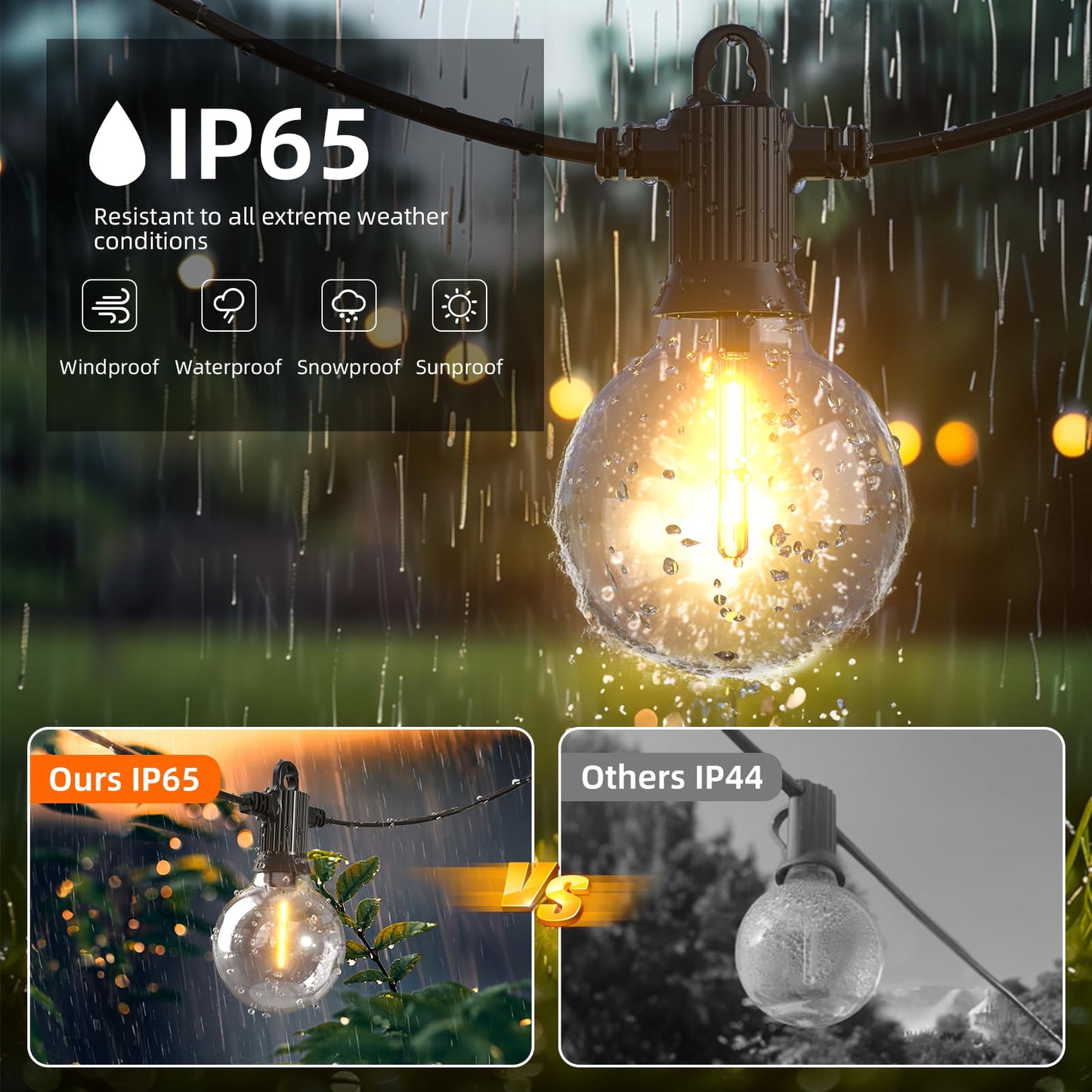 Kawaya Outdoor String Lights - LED Waterproof Patio Light with 100+4 G40 Globe Bulbs, 200FT, Black, Model 12-25