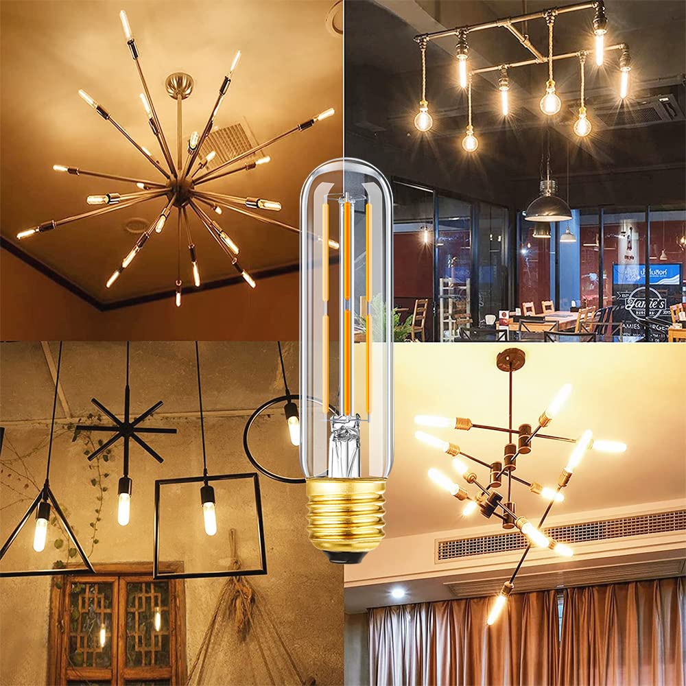 Leools T10 LED Bulb, Dimmable 6W, E26 Edison, Warm White 2700K, Clear Glass, 6 Pack