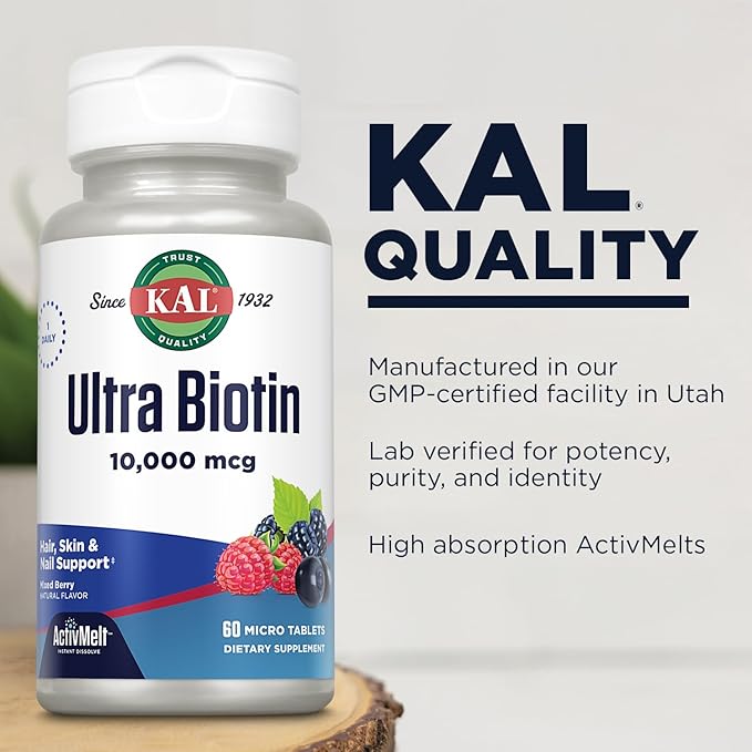KAL Ultra Biotin 10000mcg ActivMelt, Hair Growth Supplement, High Potency Vitamin B7 for Healthy Hair, Skin, Nails and Energy Support, Vegetarian, Natural Mixed Berry Flavor, 60 Serv, 60 Micro Tablets