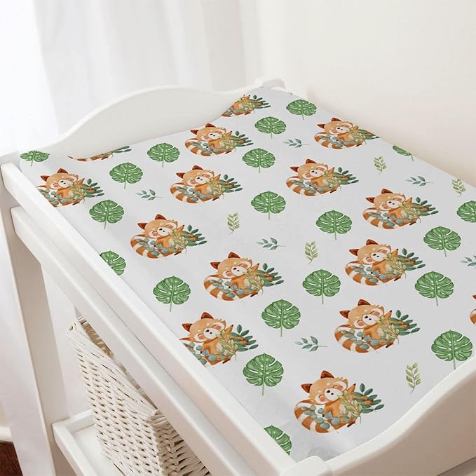 Cartoon Panda Tropical Leaves Changing Pad Cover Cute Panda Boho Leaf Unisex Diaper Change Table Sheets for Boy Girl Animal Wildlife Soft Stretchy Snug Fitted Diaper Changing Pad Cover Mats 32''x16''