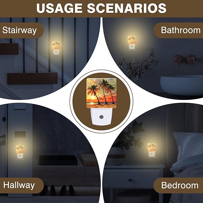 Palm Trees at Sunset Night Light, Beach Plug-in Nightlight with Dusk to Dawn Auto Sensor for Home Bedroom Hallway Kitchen 0.5W Sleep Friendly Led Lamp for Women Men