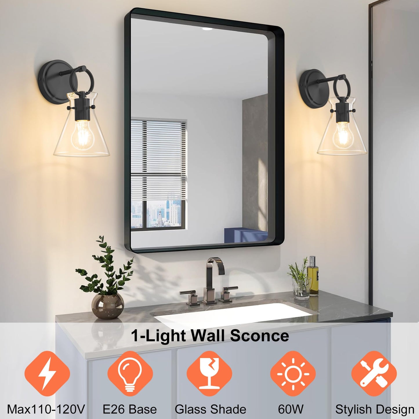 Gednbo Wall Sconce For Bathroom Modern Vanity Light Fixtures Hardwired Wall Mount Lighting Lamp Farmhouse Wall Lights With 6 Clear Glass Shade For Bedroom Living Room Mirror Kitchen (Black  1 Pack)