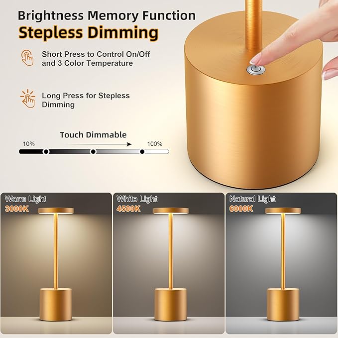 Cordless Table Lamps Rechargeable - Outdoor Waterproof LED Table Light Portable 5000mAh Battery Operated Lamp 3 Color Stepless Dimming with Memory Function for Restaurant Dining Patio Gold