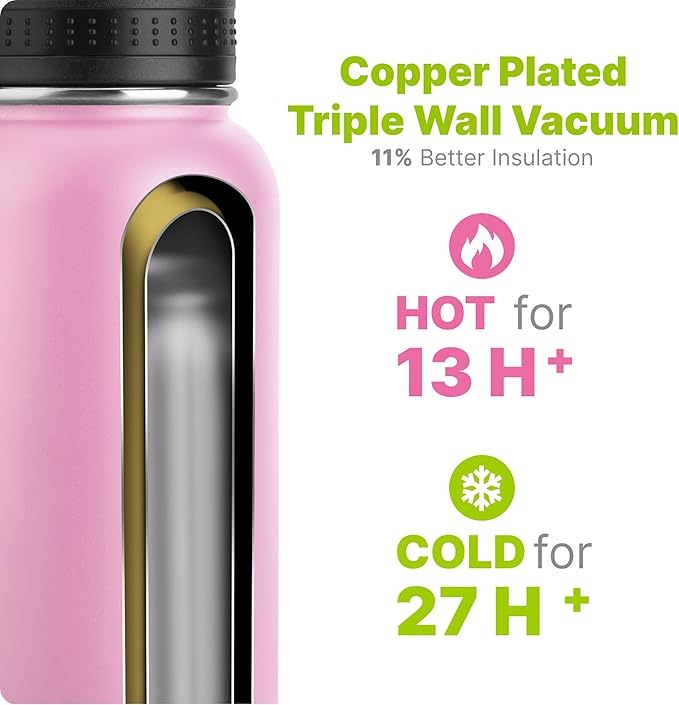 Insulated Water Bottle-32 oz Stainless Steel Vacuum Wide Mouth Sports Flask with Silicone Boot-Reusable Metal Leak Proof Travel Water Bottle for Girls Boys, BPA-Free(Purple Pink)