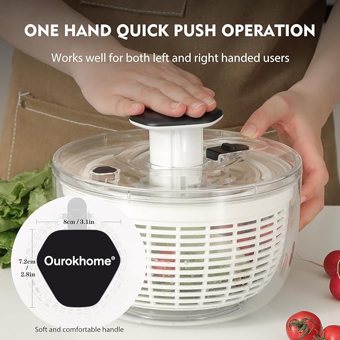 Ourokhome Salad Spinner Lettuce Dryer, One-handed Easy Press Large Vegetable Dryer Salad Mixer with Comfortable and Retractable Pusher and Brake Button for Greens, Herb, Berry, Fruits, 3.8 QT, Black