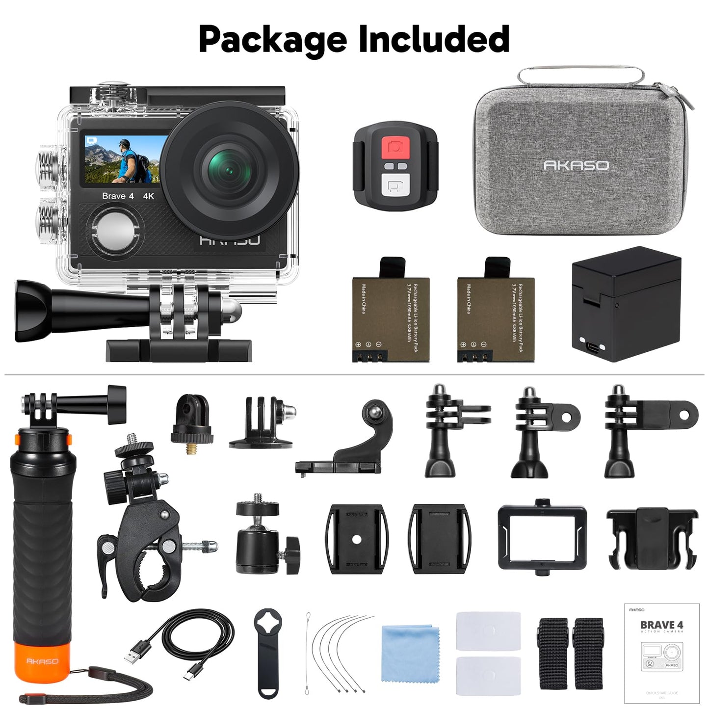 AKASO Brave 4 Action Camera with Waterproof Floating Hand Grip and Carry Bag Bundle - 4K30 20MP Ultra Hd EIS 131ft Underwater Camera 5xZoom Dual Screen with Helmet and Bicycle Accessories Kit