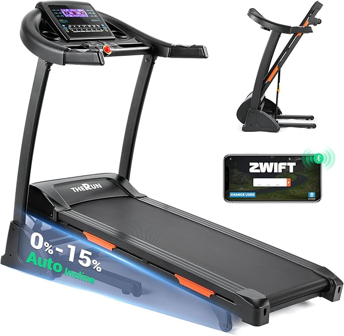THERUN Incline Treadmill for Running and Walking, 300 lbs Weight Capacity Folding Treadmill with 0-15% Auto Incline, Wide ...