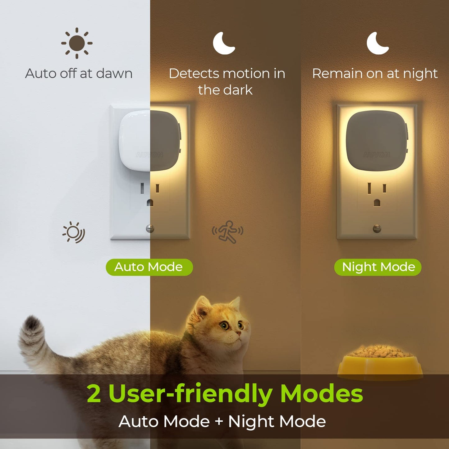 AUVON Plug-in LED Night Light with Motion Sensor, Dimmable Amber, 1-50 lm Brightness, Model N001A, 2 Pack