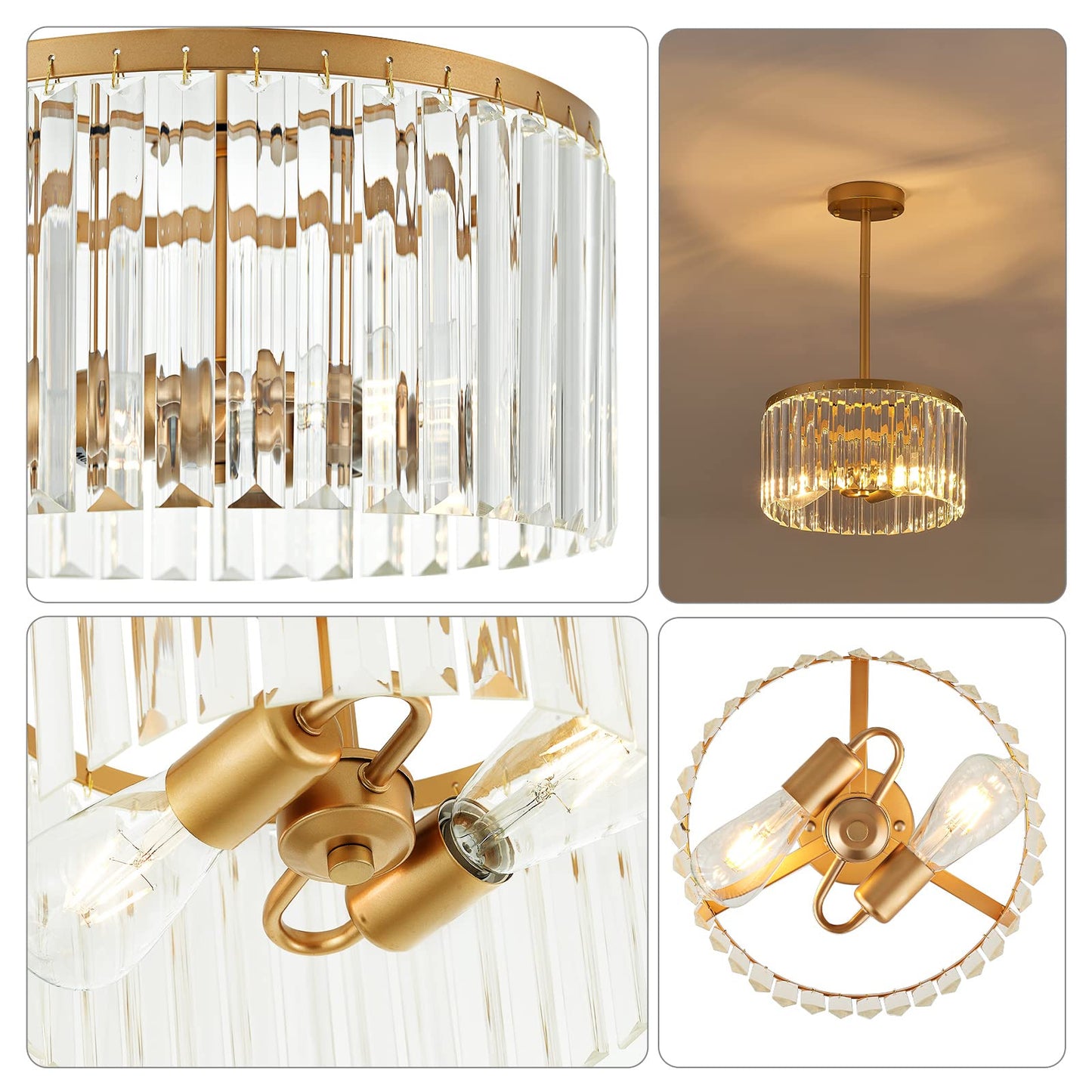 Lighceac 12 Gold Semi Flush Mount Crystal Ceiling Light Fixtures For Kitchen Modern Industrial 2-Light Small Chandeliers Lighting For Bedroom Entryway Hallway Living Dining Room Foyer