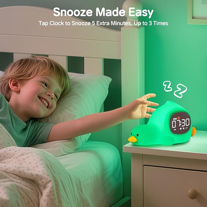 Yiliaw Alarm Clock for Kids with Night Light, Sleep Training Clock Time to Wake Clock, Rechargeable Silicone Light for Bedroom, Perfect Sleep Companion for Boys Girls, Laying Duck