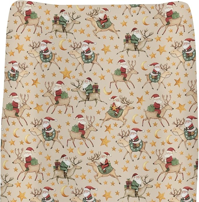 Cute Christmas Santa Claus Reindeer Baby Changing Pad Covers for Boy Girl Vintage Santa Gifts Stars Moon Fitted Changing Table Mats Winter Holiday Festive Soft Diaper Change Table Sheets 32''×16''