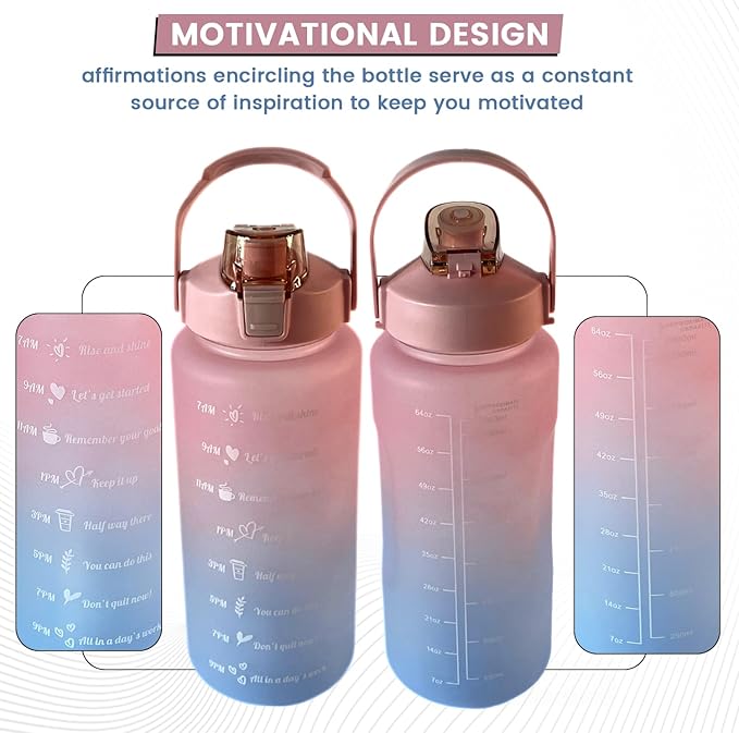 64 oz Motivational Water Bottle, Sports Water Bottle, Outdoors (Blue/Orange)