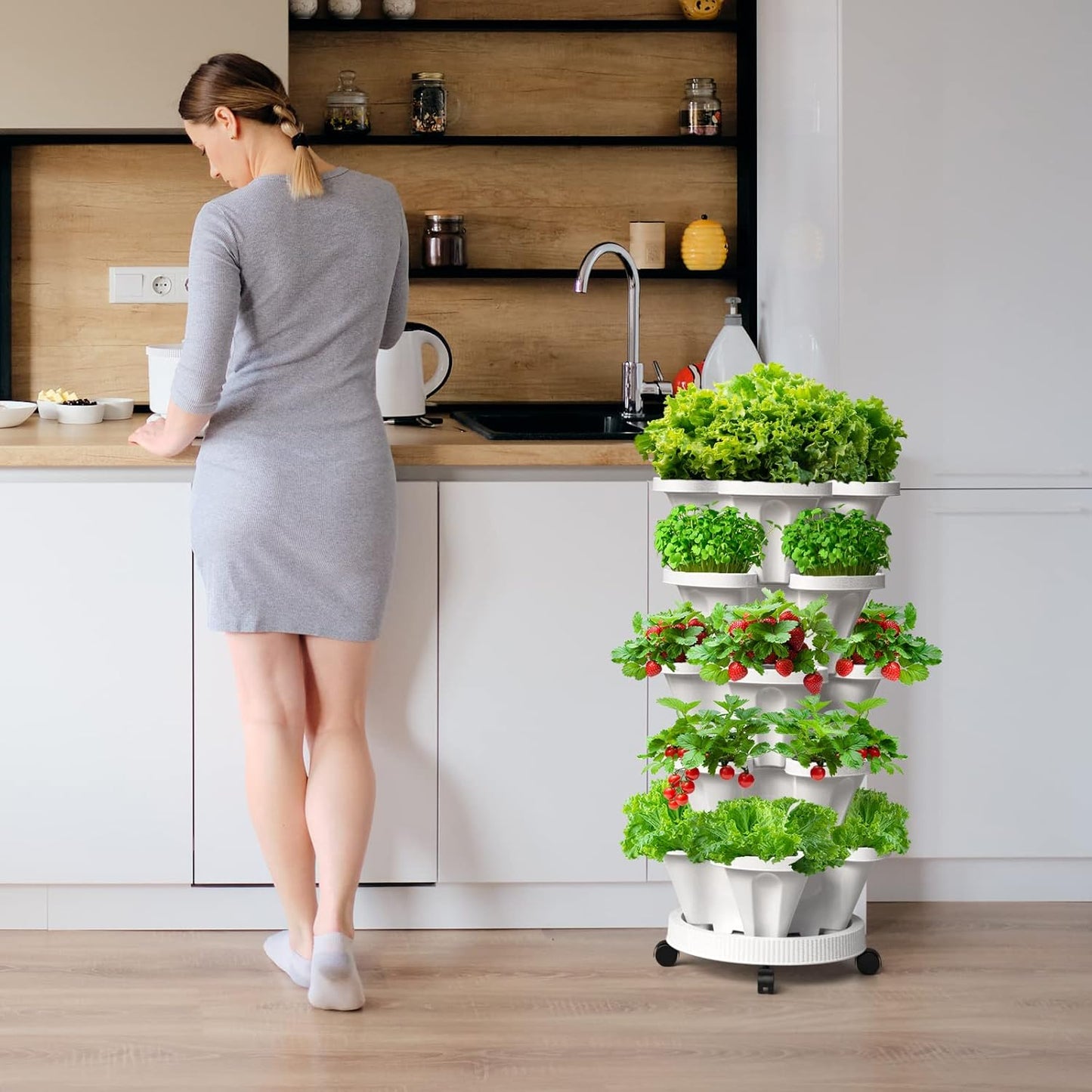 6 Tiered Strawberry Vertical Planters, Stacking Tower Garden with Support Pole, Stackable Herb Vegetable Planters Indoor and Outdoor - White