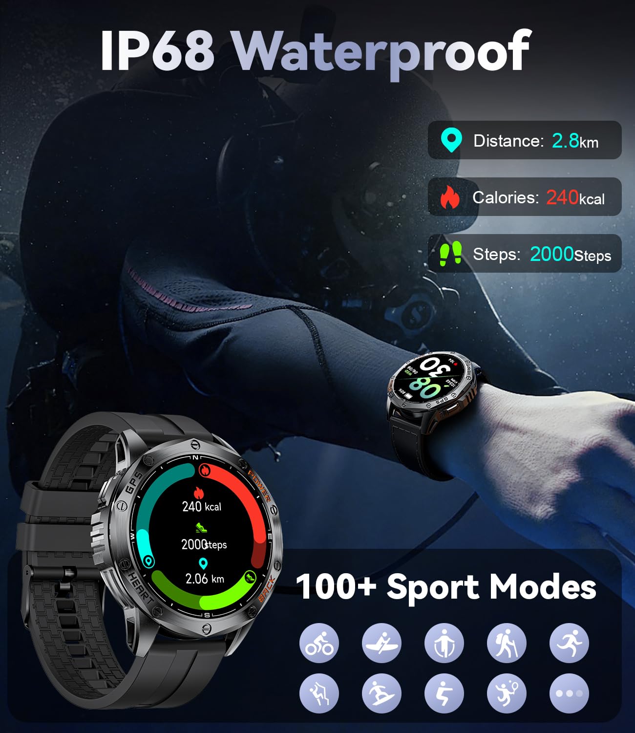 LIGE GPS Military Smart Watch for Men, LED Flashlight/Compass/45 Days Battery/IP68 Waterproof 1.43'' AMOLED Smartwatch, 100+ Sports Modes Fitness Tracker Watch, Rugged Smart Watches for Android iOS