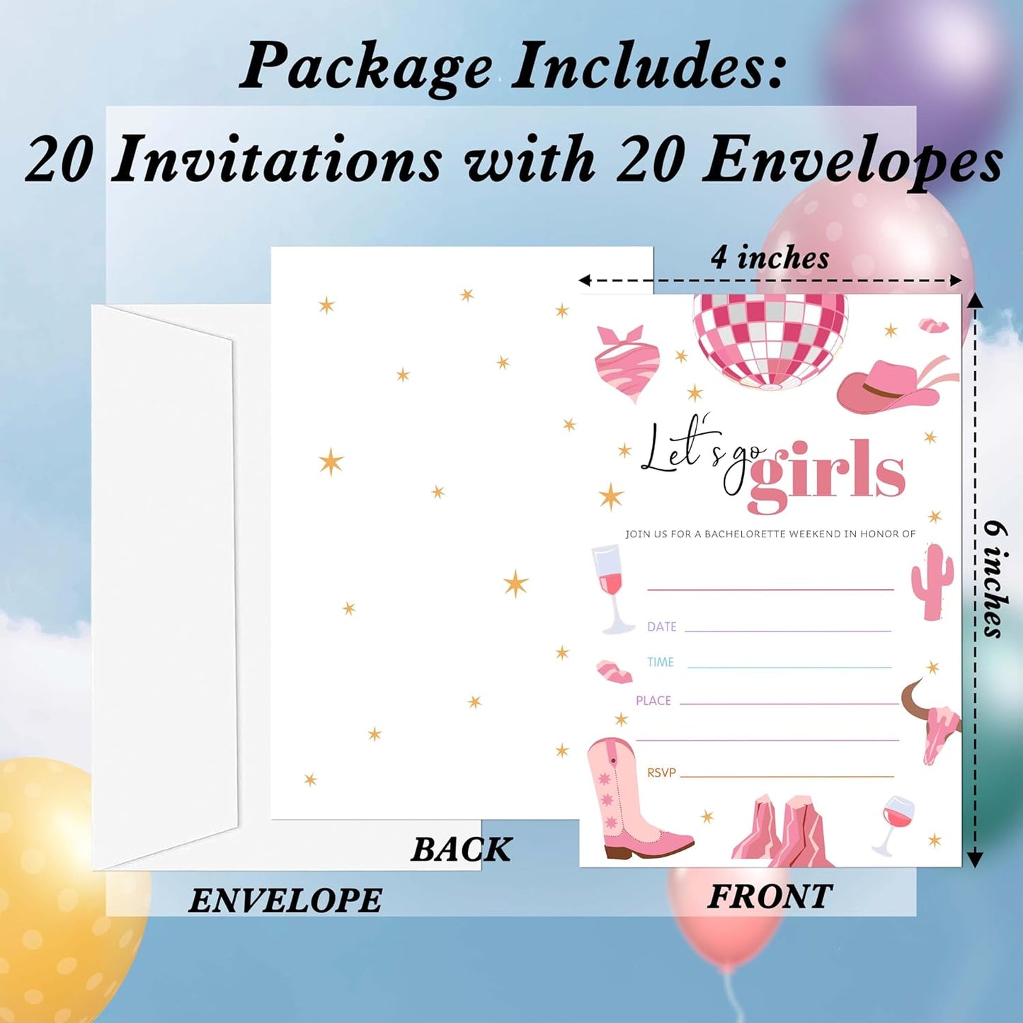 Cowgirl Birthday Invitations, 20 Invitation Cards with Envelopes, Pink Disco Invites for Party Decorations Favor Supplies - A11