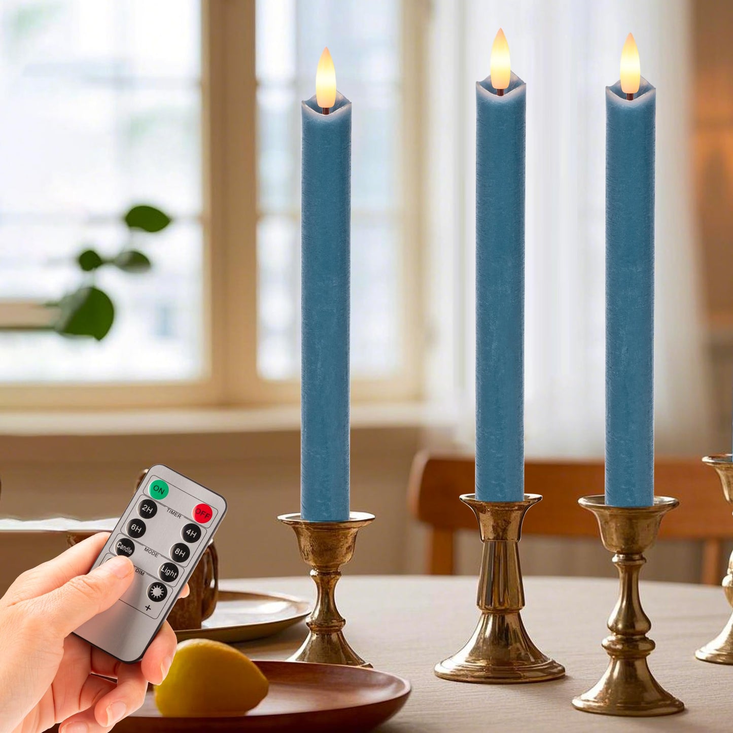 SEHNSY Flameless Taper Candles with Remote, Real Wax Battery Operated LED Candles Set with 3D Flickering Flame, 9.6" Realistic Dripless Candlesticks for Wedding Home Decor, 3 Pack Blue
