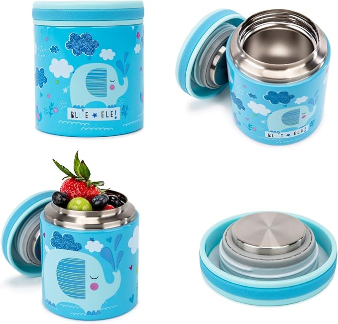 BLUE ELE Vacuum Insulated Jar & Thermos, BPA-Free Lunch Containers, Double-Wall 304 Food Grade Stainless Steel, 14 oz Keep Hot 12hr & Cold 24hr, Blue with Pattern