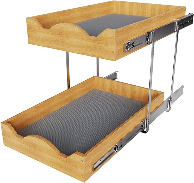 OCG Pull Out Drawers For Cabinets 14"W x 21"D, 2 Tier Heavy-Duty Slide out Wood Drawer Shelf, Pull Out Drawer for Cabinets, Base Cabinet Organization for Kitchen, Pantry, Bathroom