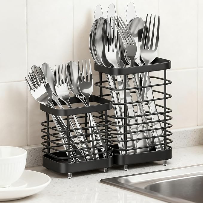 Utensil Holder, Stainless Steel Utensil Drying Rack for Kitchen Counter, Silverware Cutlery Flatware Holder Forks, Knives, Spoons, Chopsticks Organizer (Black, Tall & Short)