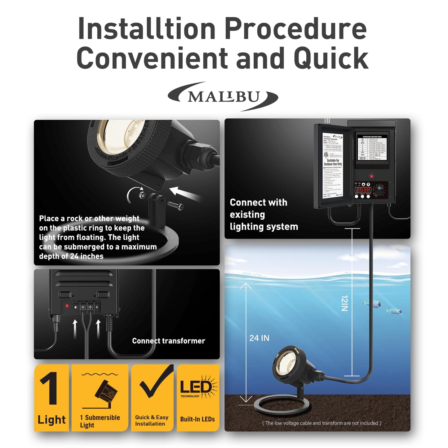 Malibu LED Pond Light 5.4W 12V AC Waterproof Black 4-Pack, 2900K Warm White, Model MALIBU 8401-3501