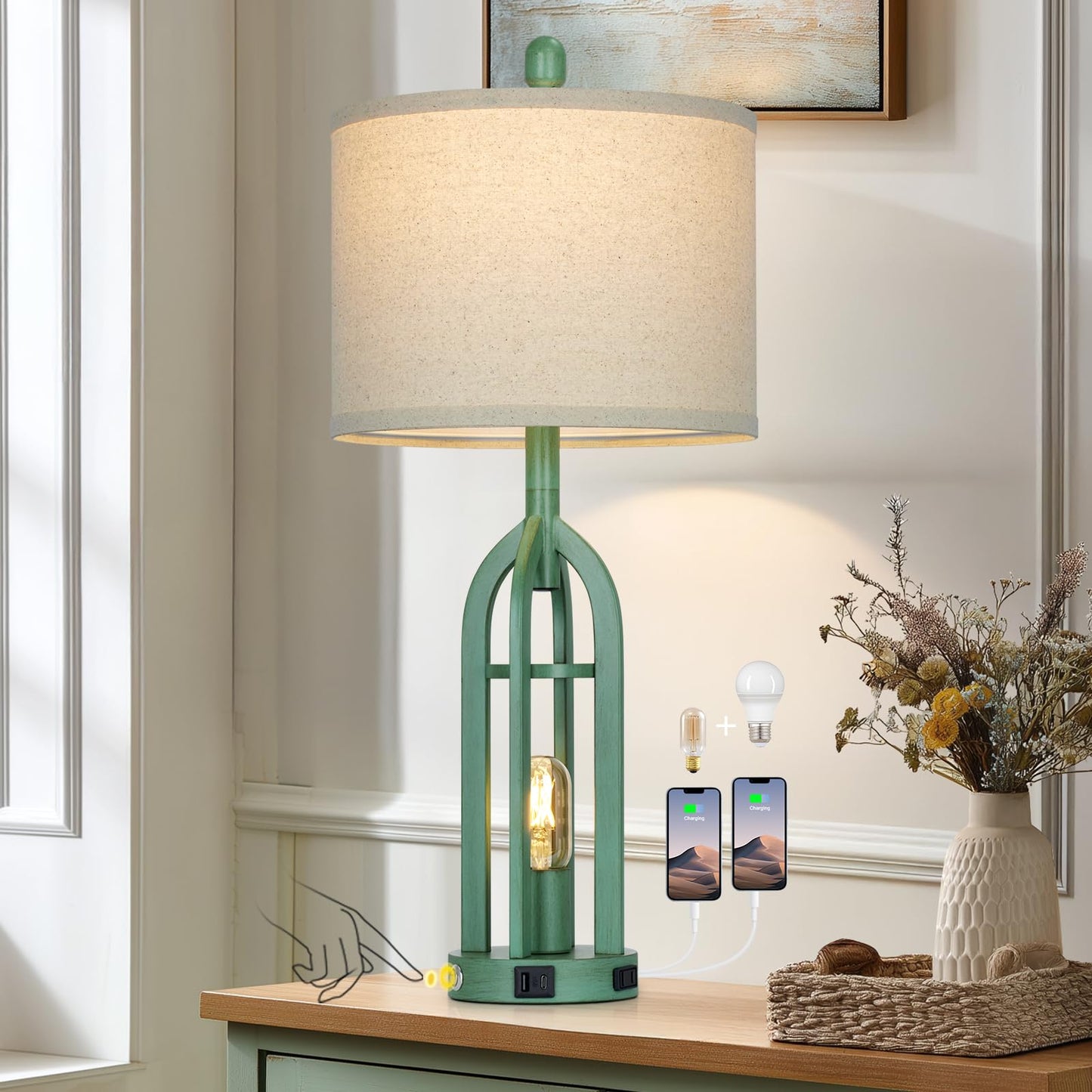 Cinyirong 27in Coastal Lamp, Retro-Green Metal Touch Control Table Lamp with USB & AC Outlet, 3-Way Dimmable, Bedroom Living Room