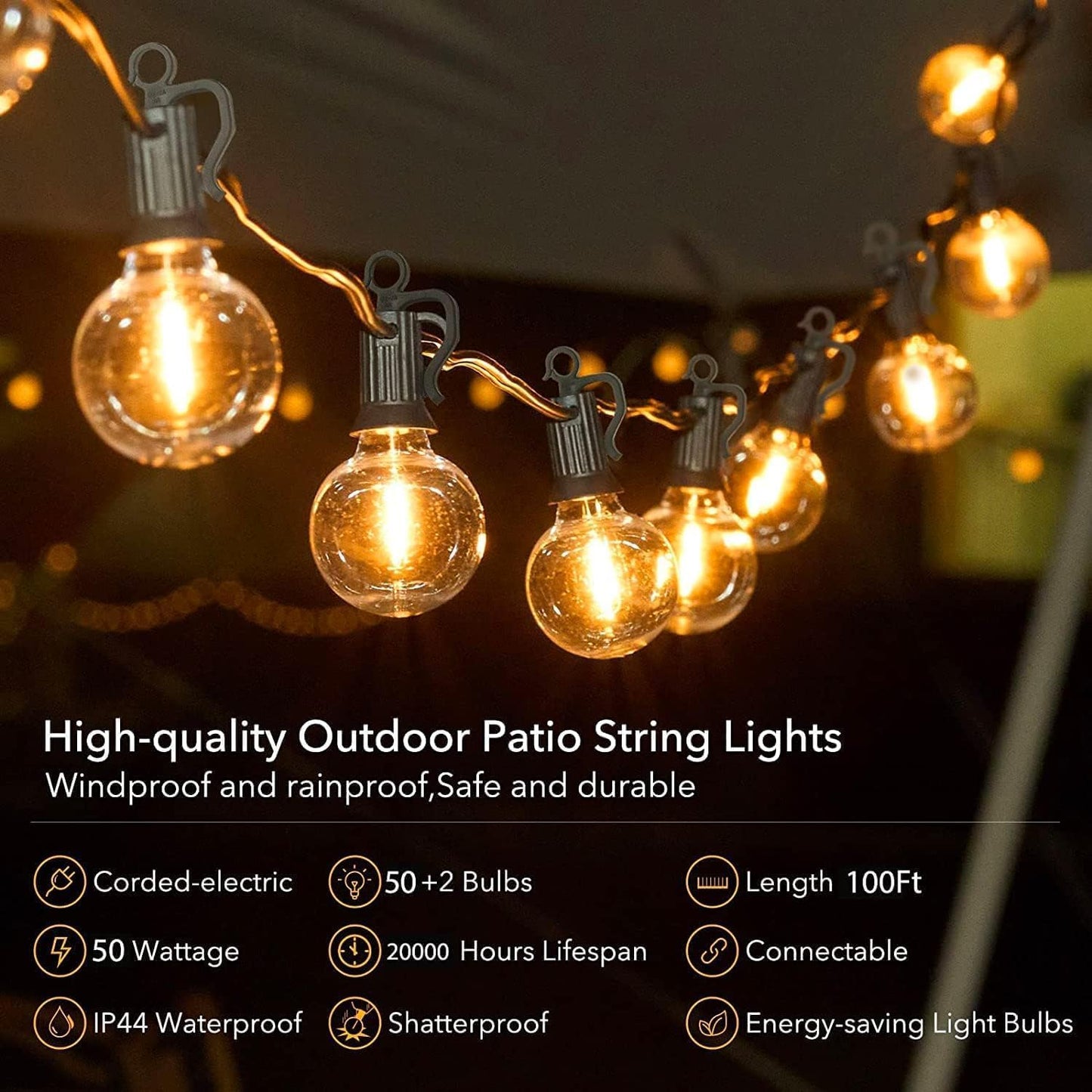 Brightown Outdoor String Lights - 100FT Patio Lights with 50 LED G40 Bulbs, All-Weatherproof, Black, Model GYPC-O50LAU