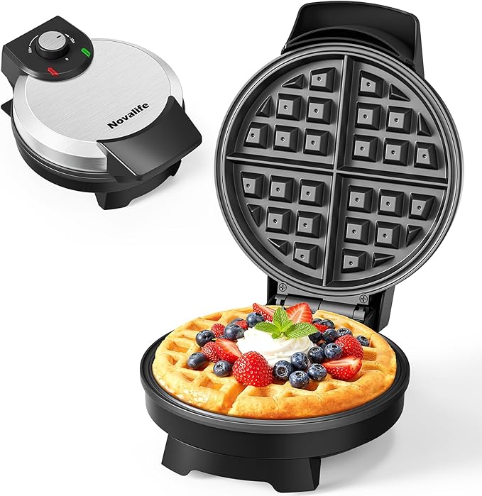 Waffle Maker, Round Classic Belgian Waffle Iron, Adjustable Browning Control, Easy-Clean Nonstick Plates & Cool Touch Handle, Space Saving Storage, Stainless Steel