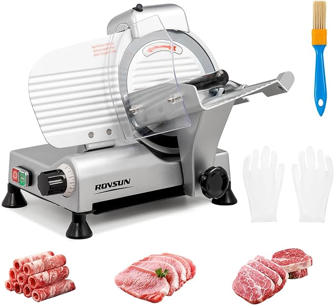 ROVSUN 10 inch Commercial Meat Slicer, 240W Electric Meat Slicer Machine, Frozen Meat Deli Cheese Food Slicer with Adjustable Thickness(0-13mm), Upgraded Carbon Steel Blade for Home and Commercial